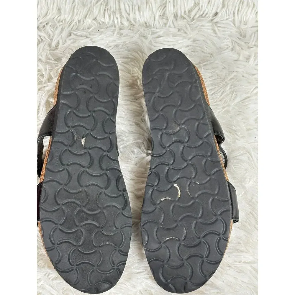 Naot Sandals Womens Size 7 EU 38 Black Leather Rhinestone Cork Wedge Slide